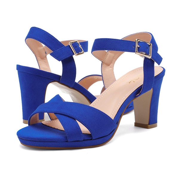 Chunky Heel Ankle Strap Sandals - ROYAL BLUE SUEDE - 3